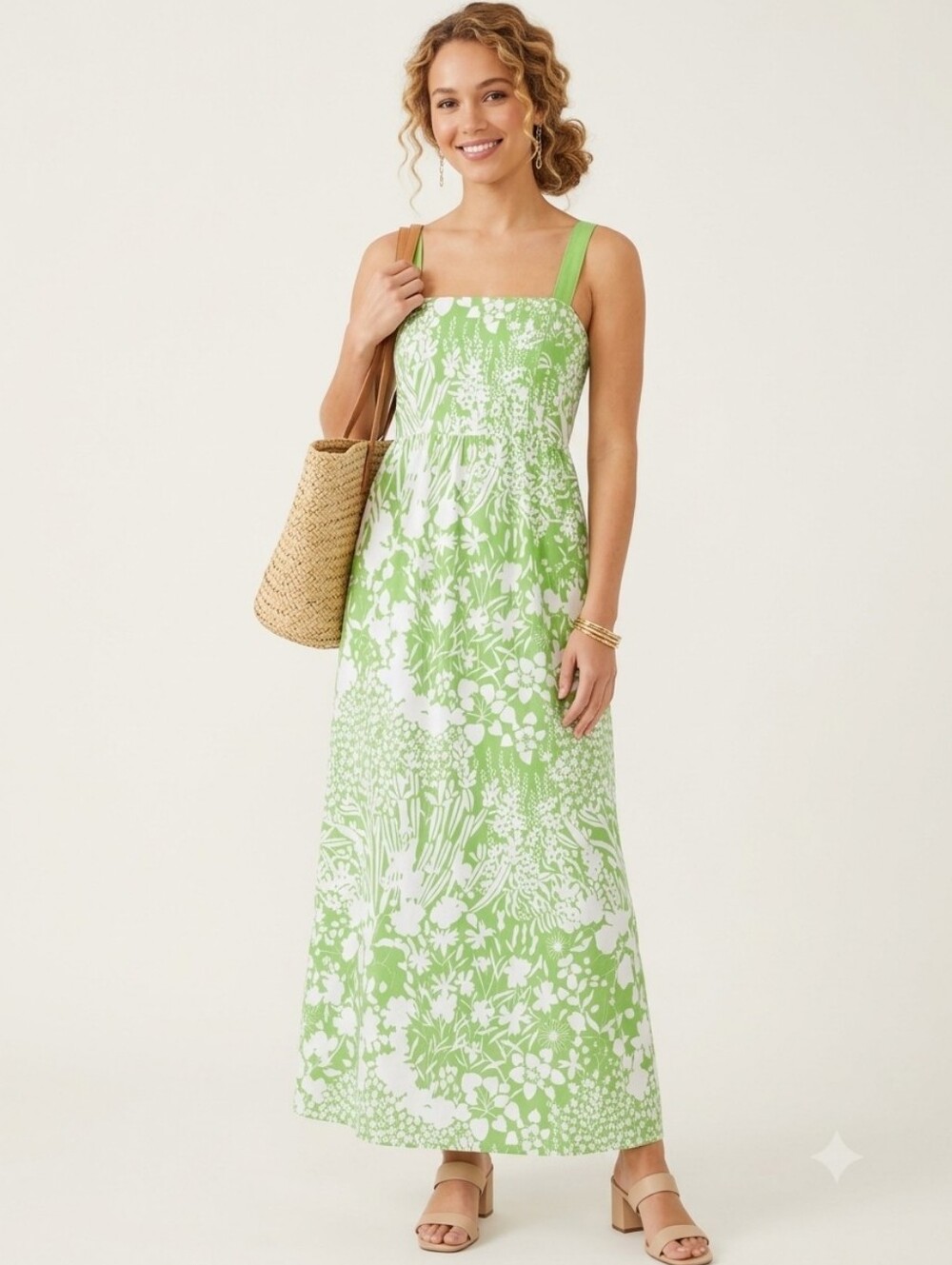 Tuckernuck NWOT Green White Botanical Floral Print Garden Maxi Dress Size XS